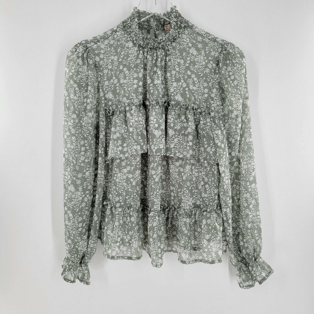 Rabbit Rose Blouse Women's Size Medium Floral Ruffle Sheer Green White